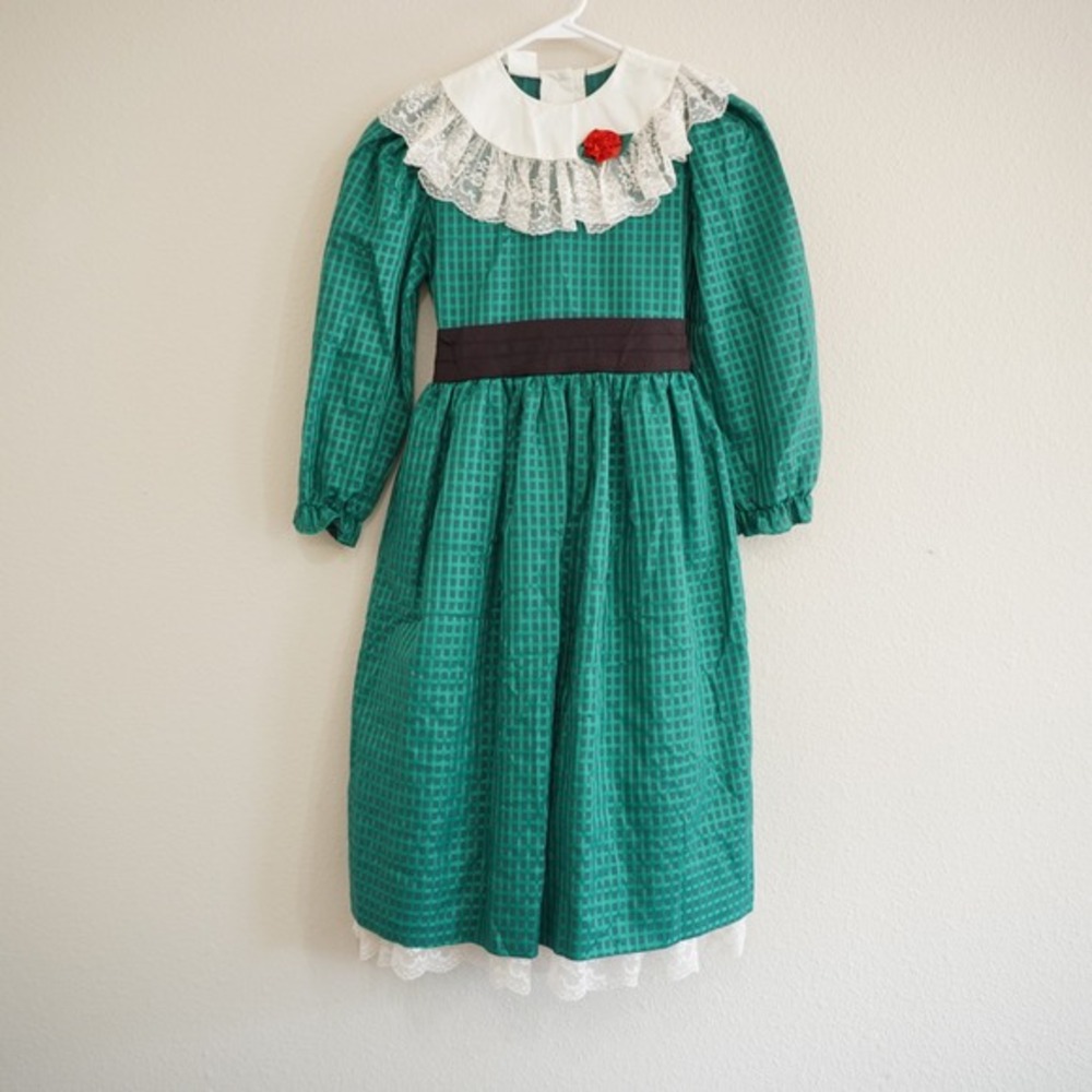 Vintage Girls Green Gingham Prairie Dress Lace Collar Red Rose Cottagecore Girly